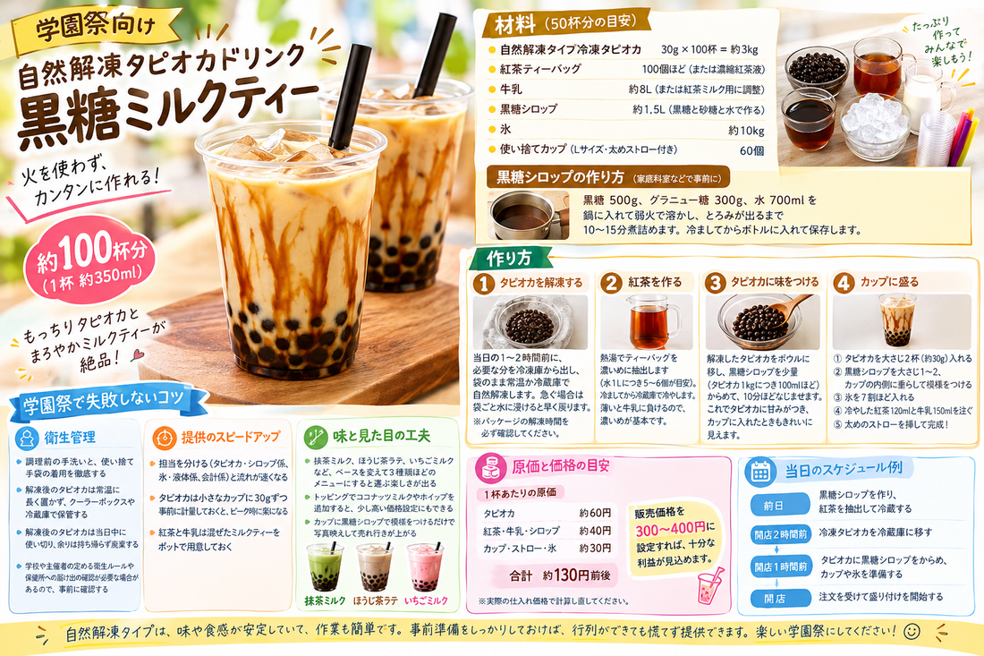 【学園祭向け】自然解凍タピオカを使用した「黒糖ミルクティー」レシピをご紹介〜火を使えない会場や教室でも簡単調理！